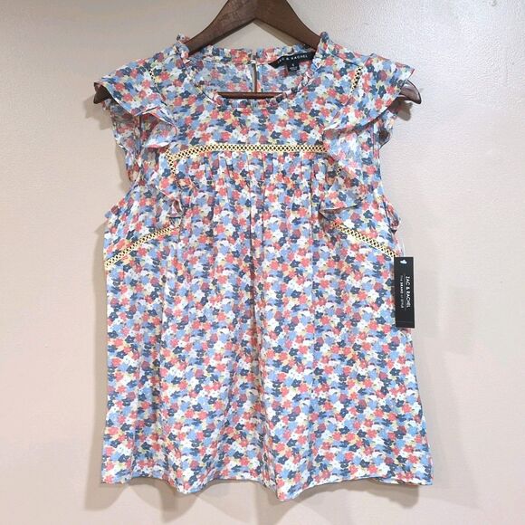 Zac & Rachel Embroidered Peasant Blouse Floral Pink Blue Short Sleeve Womens S - Picture 1 of 11